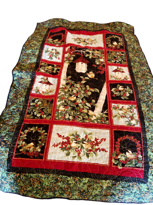 Christmas Quilted Throw (34" x 52") - Holly Berry Panel & Cozy Minky Back