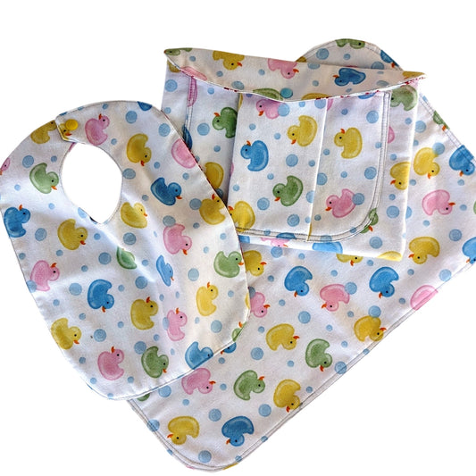Baby Travel Set: Handmade 3-Piece; Waterproof Bib, Burp Cloth, and Diaper/Wet Clutch