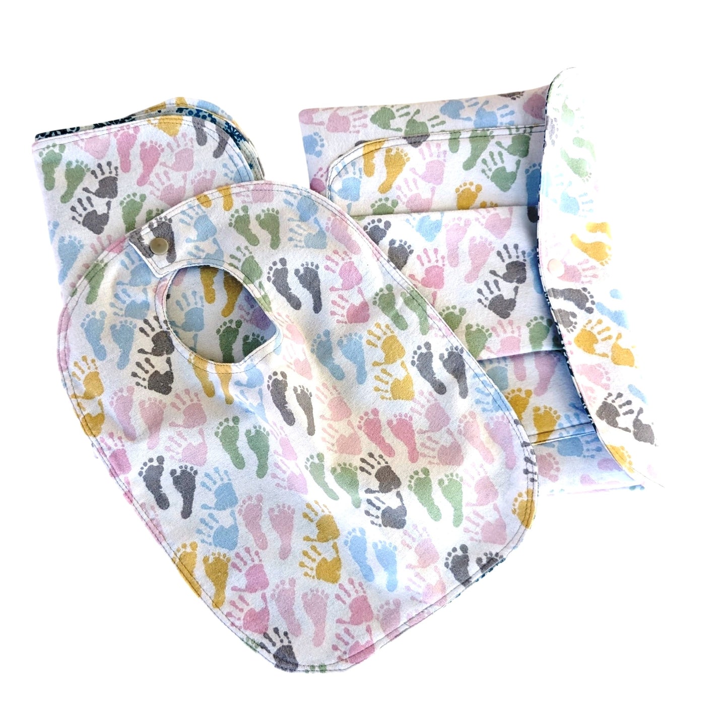 Baby Travel Set: Handmade 3-Piece; Waterproof Bib, Burp Cloth, and Diaper/Wet Clutch