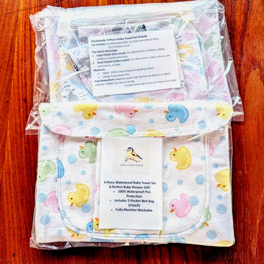 Baby Travel Set: Handmade 3-Piece; Waterproof Bib, Burp Cloth, and Diaper/Wet Clutch