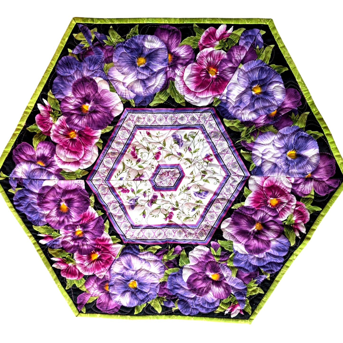 Hexagon Quilted Table Topper (19.5" x 22.5"): Artisan Pansy Floral Home Accent