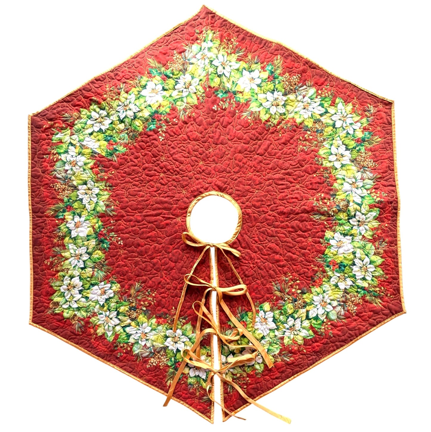 Tree Skirt (47" x 41"): Reversible Poinsettia Design, Longarm Quilted Heirloom