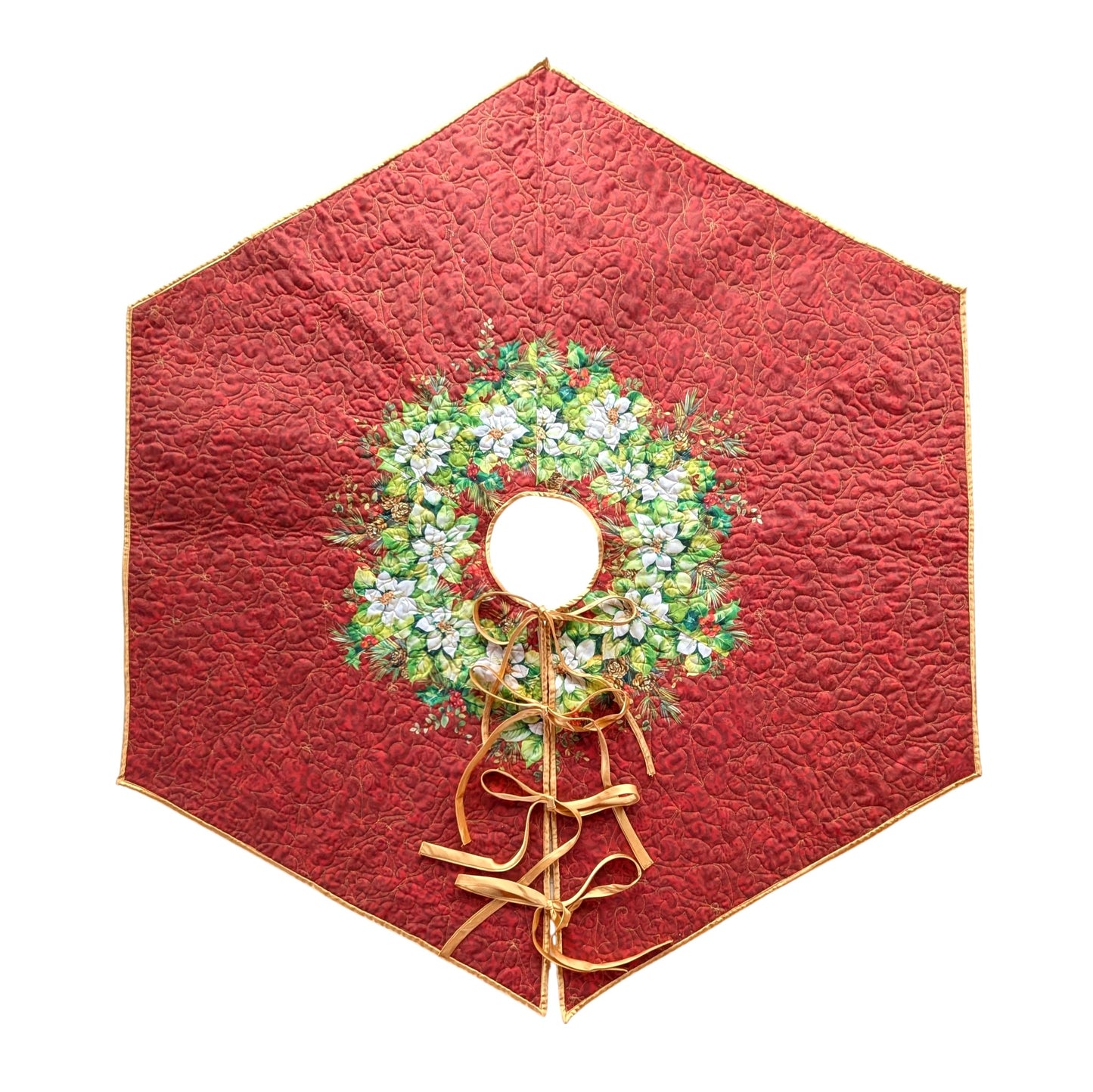 Tree Skirt (47" x 41"): Reversible Poinsettia Design, Longarm Quilted Heirloom