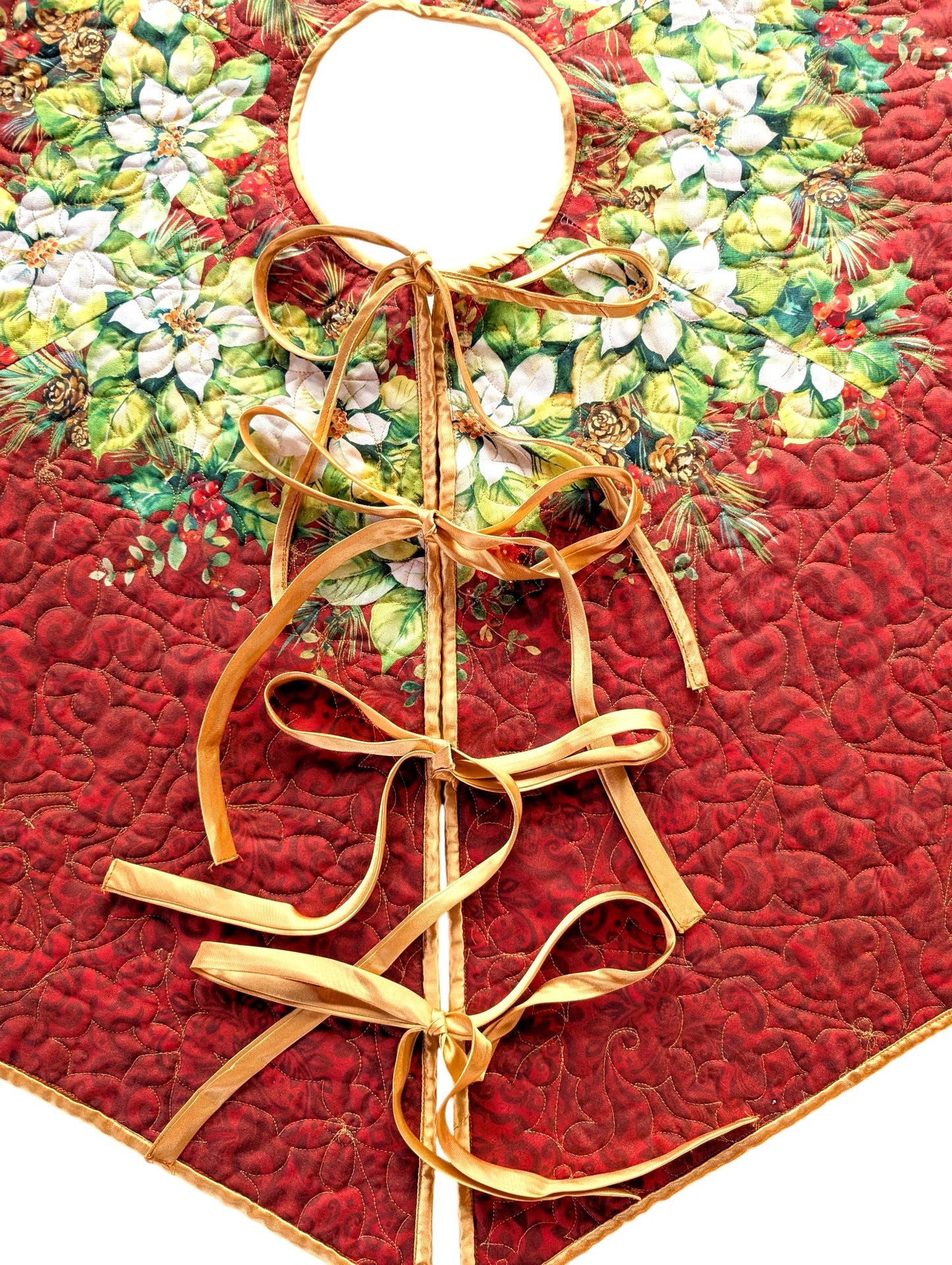 Tree Skirt (47" x 41"): Reversible Poinsettia Design, Longarm Quilted Heirloom
