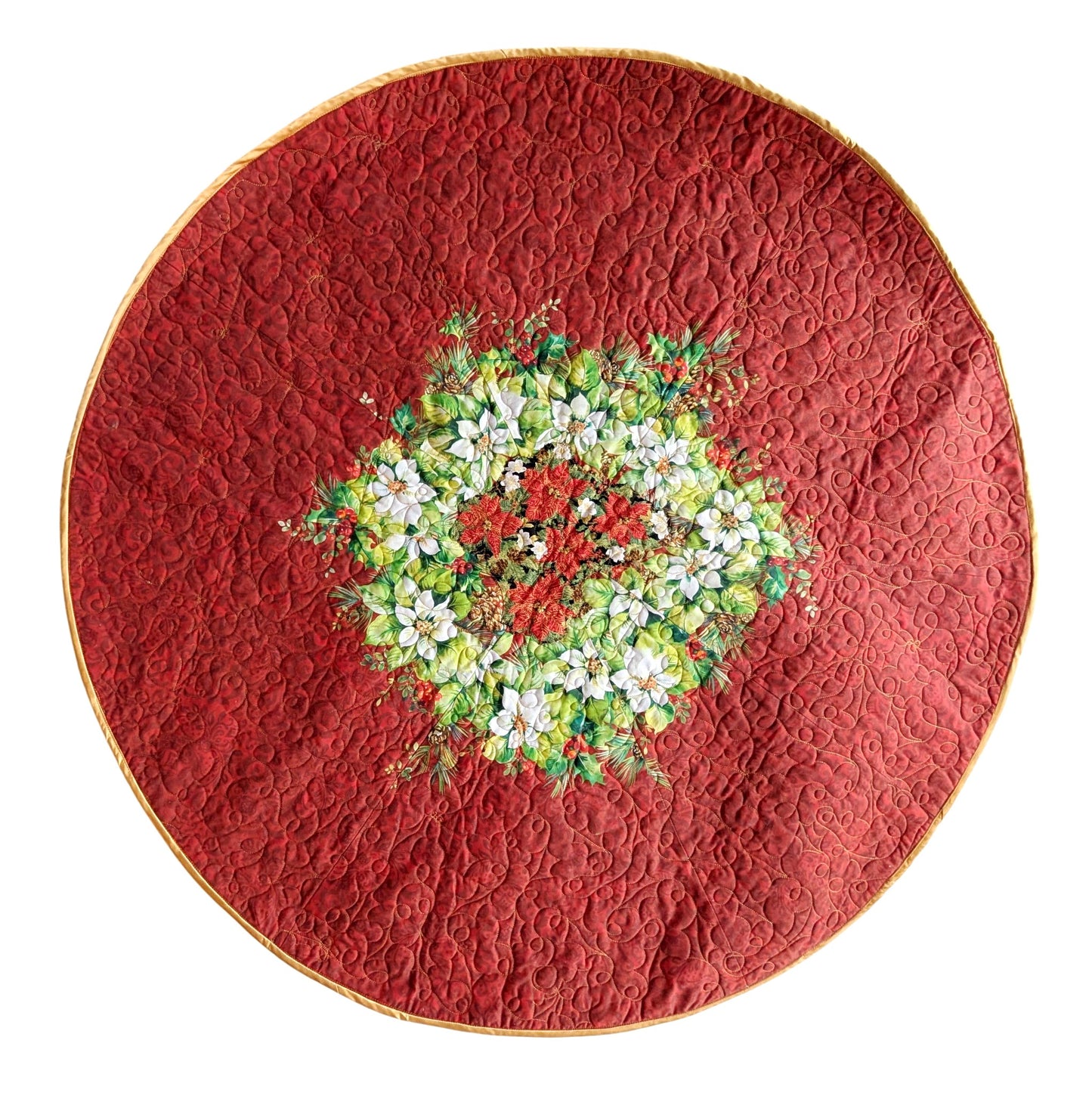 Round Quilted Table Topper (40" Diameter): Poinsettia Design, Longarm Quilted