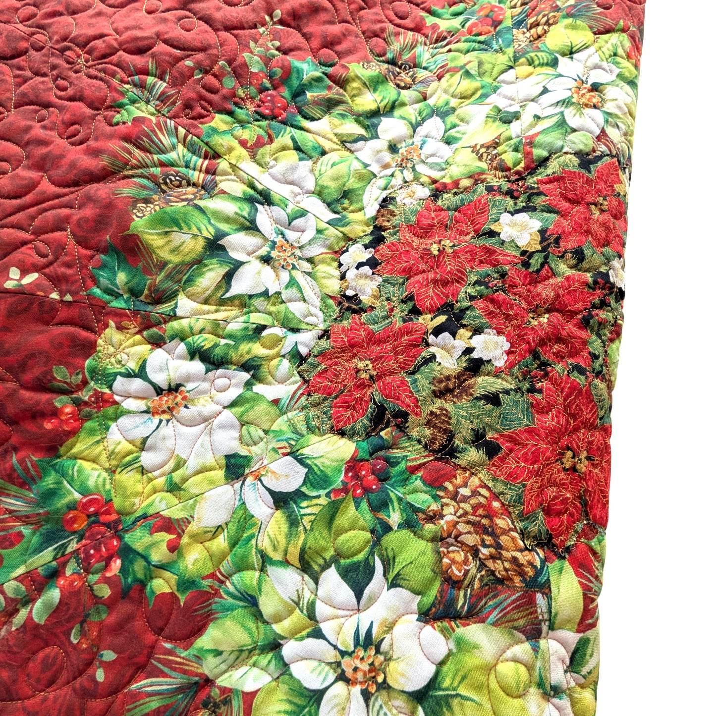 Round Quilted Table Topper (40" Diameter): Poinsettia Design, Longarm Quilted